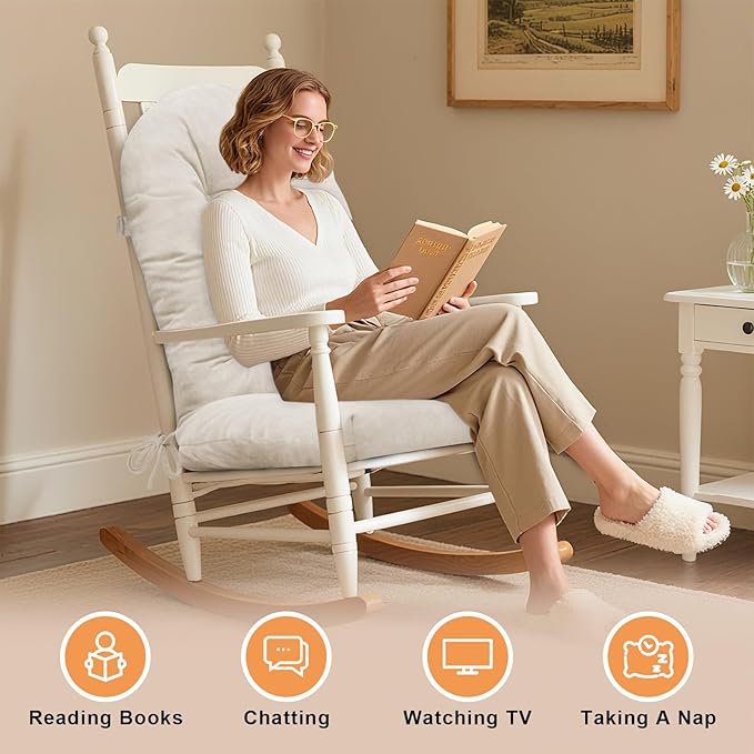 Rocking Chair Cushion - Velvet Fabric, High-Density Sponge, Durable Comfort Non-Slip Bottom Tufted Seat Pads with Ties, Velvet︱Oyster White, 44x19x4 inch