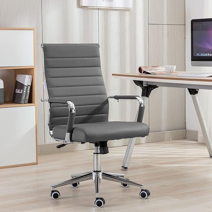 Okeysen Ergonomic Office Desk Chair, Modern PU Leather Conference Room Table Chairs Ribbed, High Back Executive Swivel Rolling Chair for Home, Office (Grey-Ribbed)