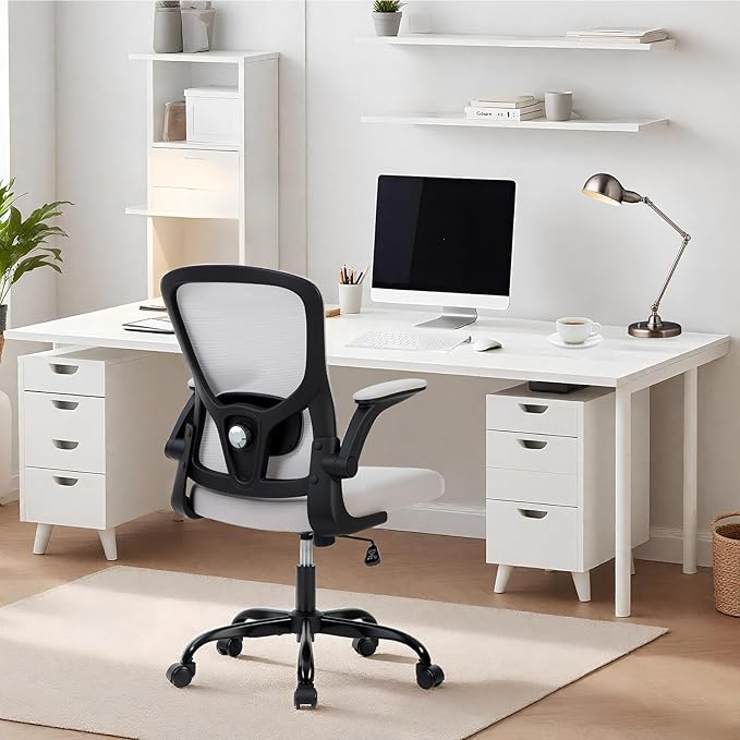 Premium Ergonomic High-Grey Mesh Office Chair - Adjustable Height, Flip-Up Armrests & Lumbar Support - Comfy Swivel Seat for Home, Gaming & Work - Black Net
