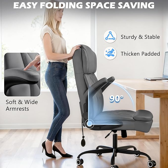 450 LBS Big and Tall Executive Office Chair with Flip up Arm, Heavy Duty Leather Computer Desk Chair,Comfortable High Back Swivel Home Office Chair with Rolling for Adults (Gray)