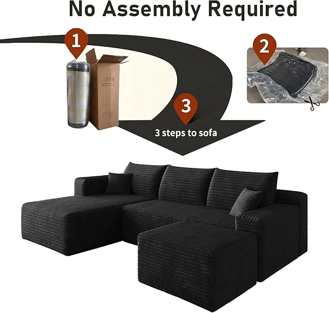 94" Black Fluffy Couch with Ottoman for Living Room, Corduroy No Bones Sectional Couch,Compressed Memory Foam Cloud Sofa,No Assembly Required,Left Facing Chaise,Black