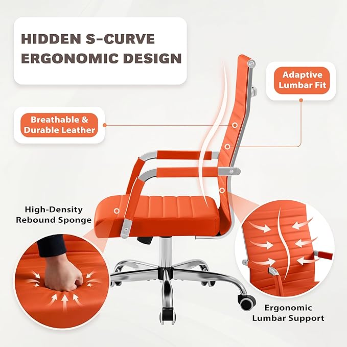 Furmax Ergonomic Office Desk Chair, Executive Ribbed Mid-Back PU Leather Conference Room Chair Adjustable Swivel Chair with Arms (2, Orange)