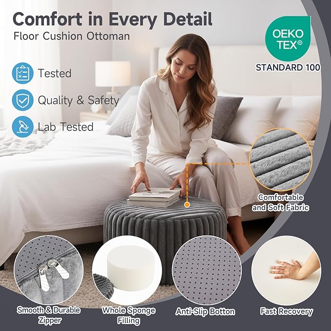 Tiita Round Stuffed Pouf Ottoman, Stripe Faux Fur Poufs with Foam Chunk Filling, Furry and Fluffy Pouf 21×21×12 inch Foot Stool Storage Ottoman,Puff Office Foot Rest for Couch Living Room, Grey