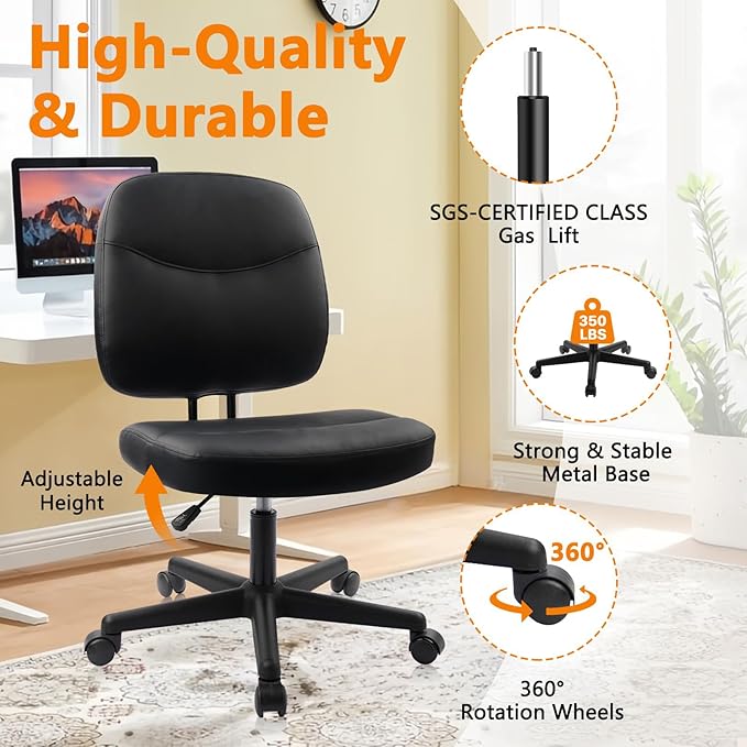 CLATINA Armless Home Office Chair,Small PU Leather Ergonomic Low Back Desk Chair with Lumbar Support and Wheels, Adjustable Height 360° Swivel Rolling Computer Task Chair, Black, 4 Pack