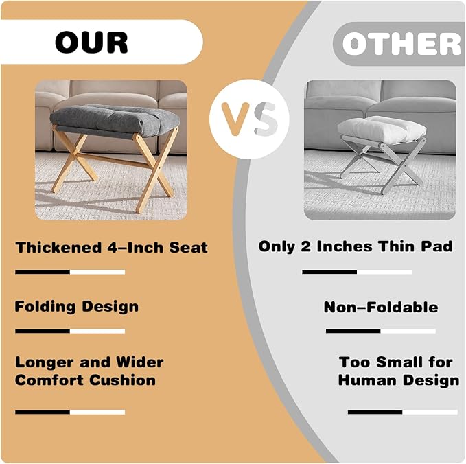 Baveke Folding Upholstered Footrest Stool, Small Accent Ottoman with Thick Cotton Cushion & Bamboo X Legs, Modern Padded Sofa Stool for Makeup Bedroom Living Room, Grey