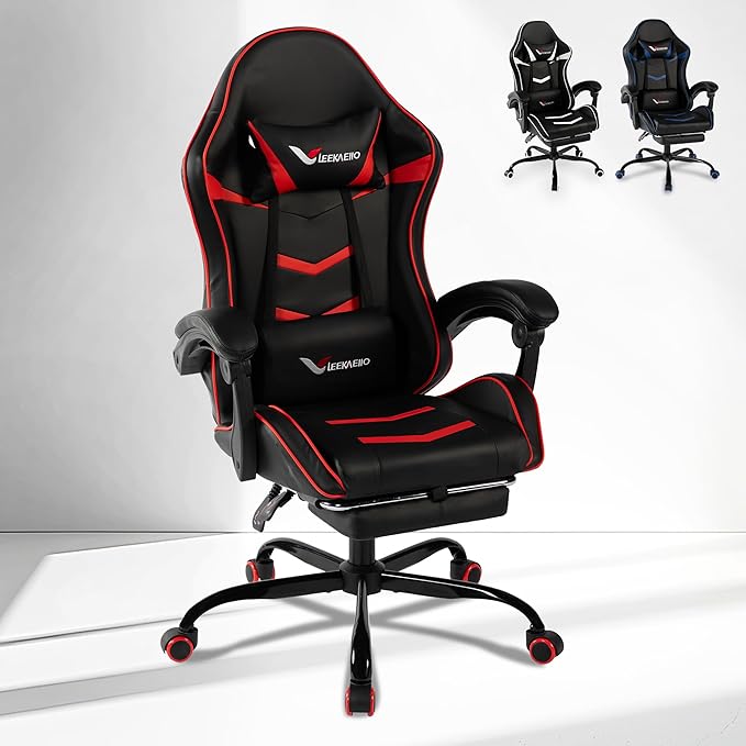 Gaming Chair for Adults, Ergonomic Gamer Chair with Footrest, Spring Pocket Cushion, Computer Office Desk Reclining Chair with Enlarged Metal Base, Linkage Armrests, Lumbar & Headrest (Red)
