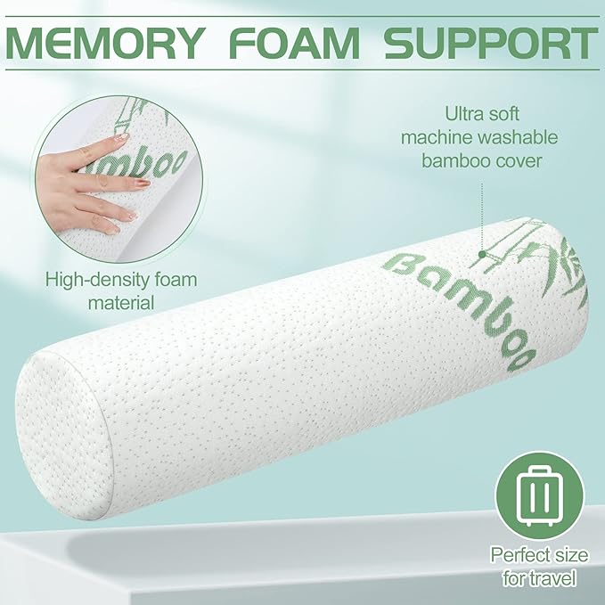 Bucherry 2 Pcs 18 x 4 Inches Cervical Neck Roll Memory Foam Pillow Cylinder Bolster Pillow for Bed Round Neck Support with Removable Washable Cover for Sleeping Travel Yoga Legs Back Lumbar