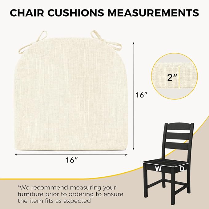 downluxe Indoor Chair Cushions for Dining Chairs, Soft and Comfortable Textured Foam Kitchen Chair Pads with Ties and Non-Slip Backing, 16" x 16" x 2", Beige, 2 Pack