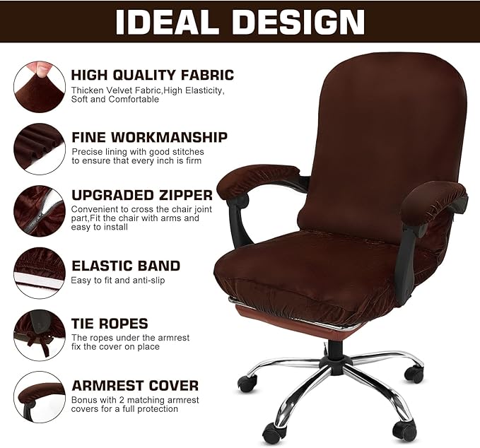 NeColorLife Velvet Office Chair Cover with Armrest Covers - Stretchable High Back Desk Computer Chair Slipcover for Large Rotating Boss Chairs (Large,Brown)