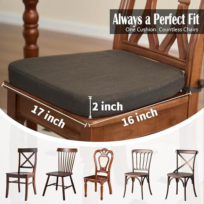 2'' Thick High-Density Foam Indoor Chair Cushions | Dining Chair Pads with Ties, Removable Washable Cover, Kitchen Chair Cushions 17"x16", Dark Brown 2 Pack