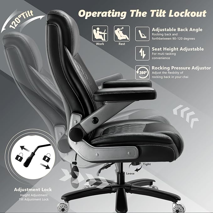650LBS Big and Tall Office Chair with 5D Flip Arms and Thick Pocket Spring Cushion, Extra Wide Heavy Duty Office Chair & Adjustable Lumbar Support, Large High Back Computer Chair Dual Rubber Wheel
