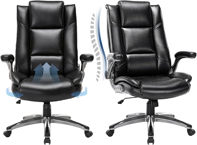 COLAMY Leather Executive Office Chair Set of 2 - High Back Ergonomic Home Computer Desk Chair with Padded Flip-up Arms, Adjustable Tilt Lock, Swivel Rolling Chair for Adult Working Study, Black