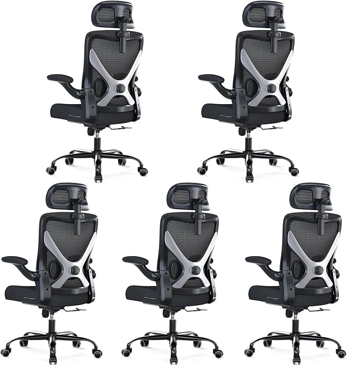 Ergonomic Office Chair - X-Shaped Computer Desk Chair Comfy, Gaming Chair, Office Chair with Lumbar Support, Mesh Office Chairs with Headrests, Desk Chair for Long Hours, Black Silver, Pack of 5