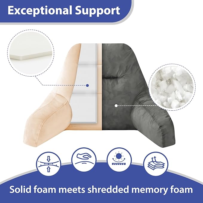 IASEAHK Reading Pillows for Sitting in Bed Adult, Back Pillow for Bed Sitting Up, Backrest Pillows with Shredded Foam for Adult&Teens, Support Pillow with Arms for Beds, Couch, Floor, 20in, Beige