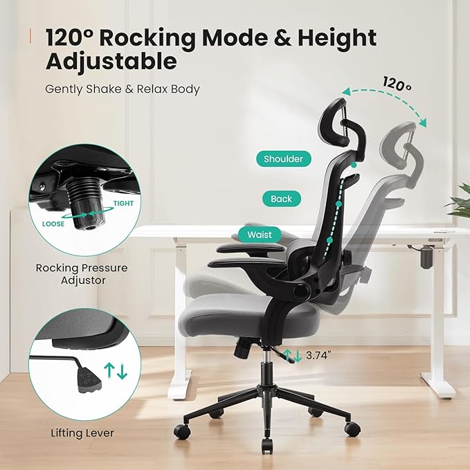 Sweetcrispy Executive Office Ergonomic Desk Chair, 300 LBS Home Mesh Chairs with Wheels, 2D Headrest, Up&Down Lumbar Support, Swivel High Back Computer Chair with Flip-up Armrests,Grey