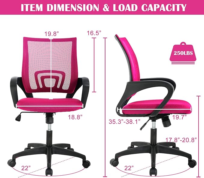 Office Chair, Desk Chair with Lumbar Support Arms, Adjustable Computer Chair with Breathable Mesh Backrest, Home Office Desk Chairs for Student, Adults, Study, Dorm, Comfortable Office Chair(Pink)