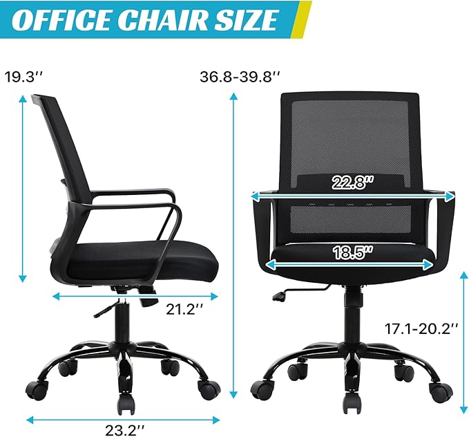 Ergonomic Office Chair, Breathable Mesh Desk Chair, Swivel Computer Chair with Wheels & Adjustable Height & Comfort Seat for Home Office, Gaming Room, Black