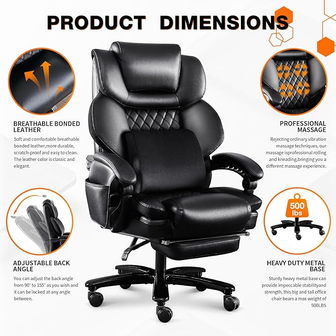 3D Kneading Massage Executive Office Chair for Big and Tall Users – Extra-Wide Ergonomic Seat with Lumbar Support, Reclining Desk Chair with Footrest, 500LBS Capacity for Home and Office