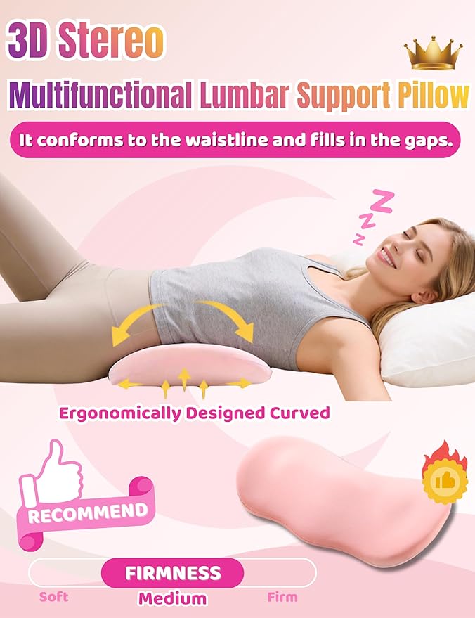 Lumbar Support Pillow for Sleeping Memory Foam Lumbar Pillow for Lower Back Pain Relief, Ergonomic Waist Pillow for Side/Back/Stomach Sleepers with Washable Cover（Black）