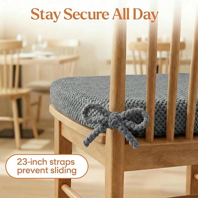 Dark Grey Chair Cushions with Ties Removable Covers, D Shape Foam Dining Kitchen Chair Seat Pads Non Slip 17"x16" Set of 4