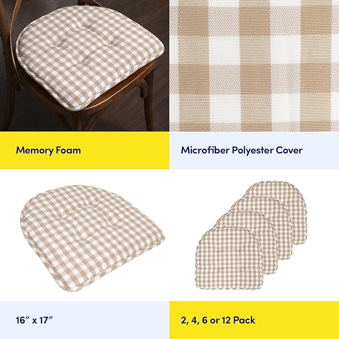Sweet Home Collection Chair Cushion Memory Foam Pads Tufted Slip Non Skid Rubber Back U-Shaped 17" x 16" Seat Cover, 12 Pack, Checkered Taupe/White