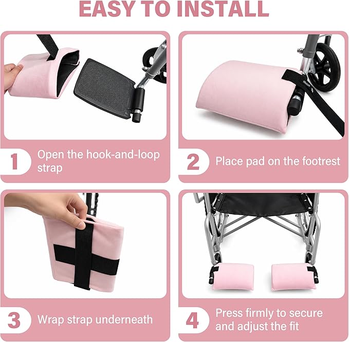 SPRING SEAON Wheelchair Footrest Covers, 1 Pair Soft Plush Foot Rest Pads with Non-Slip Backing, Removable Foam Insert, Hook-and-Loop Closure, Fits Most Standard Wheelchairs (Pink)