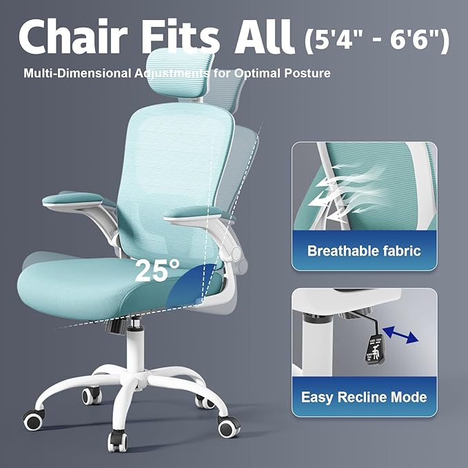 Office Computer Desk Chair - Lumbar Support and Headrest, Ergonomic Mesh Back Swivel Task Chair,Flip-Up Arms for Desk Work, 90-120° Tilt Rolling Chair for Home Office(White-Blue6076)