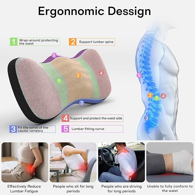 Lumbar Support Pillow for Bed, Lower Back Pillow for Sleeping, Memory Foam Waist Pain Relief Pillows, Lumbar Pillow for Sleeping, Bed, Car, Couch (Grey Black)