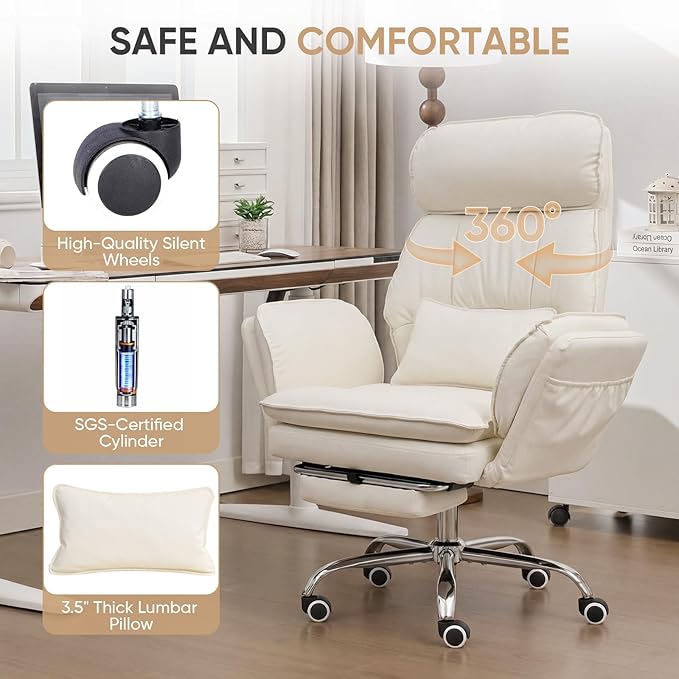 Big and Tall Office Chair with Flip Armrests, Cross Legged Office Chair with Storage Pockets, Comfortable Reclining Computer Chair with Footrest, Wide Home Office Desk Chair, Leather, Beige