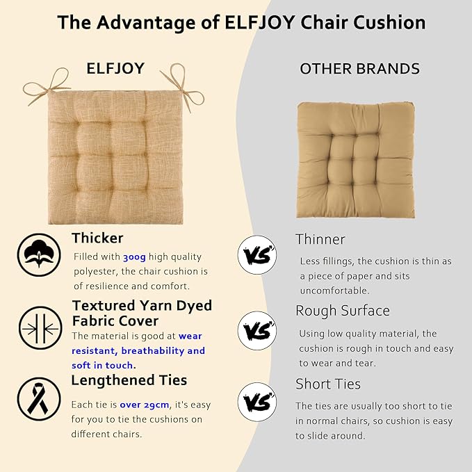 ELFJOY 4 Pack Chair Cushions for Dining Chairs Chair Pads Cushion for Kitchen Office Tufted Textured Square Seat Cushion with Ties (16" Khaki)
