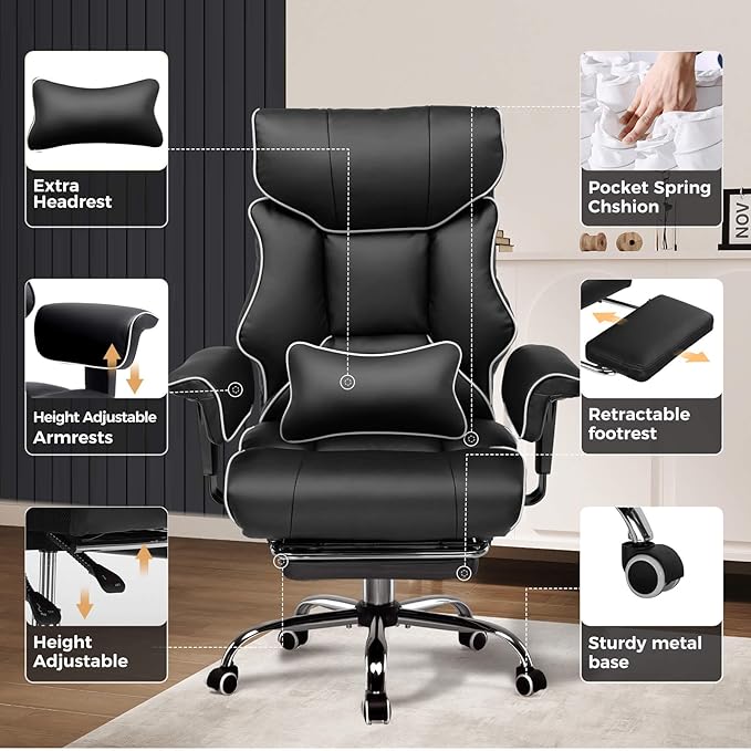 GTPLAYER Big and Tall Gaming Chair 400lbs Heavy Duty Office Chair with Foot Rest & Ergonomic Pocket Spring Cushion, High Back Lumbar Support for Lower Back Pain Relief, White/Black