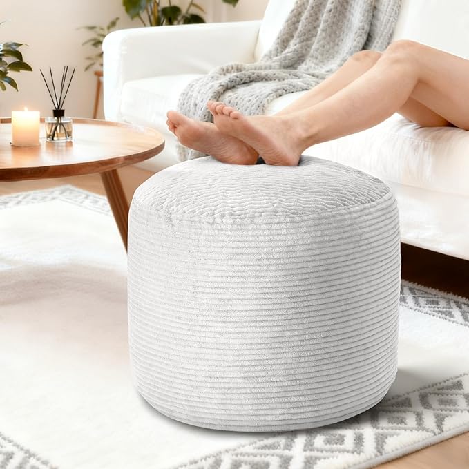 26" x 26" x 18" Pouf Ottoman Foot Rest, Pre-Stuffed Round Foot Stool with Odorless Shredded Memory Foam, Furry & Fluffy Corduroy Footrest for Living Room, Grey