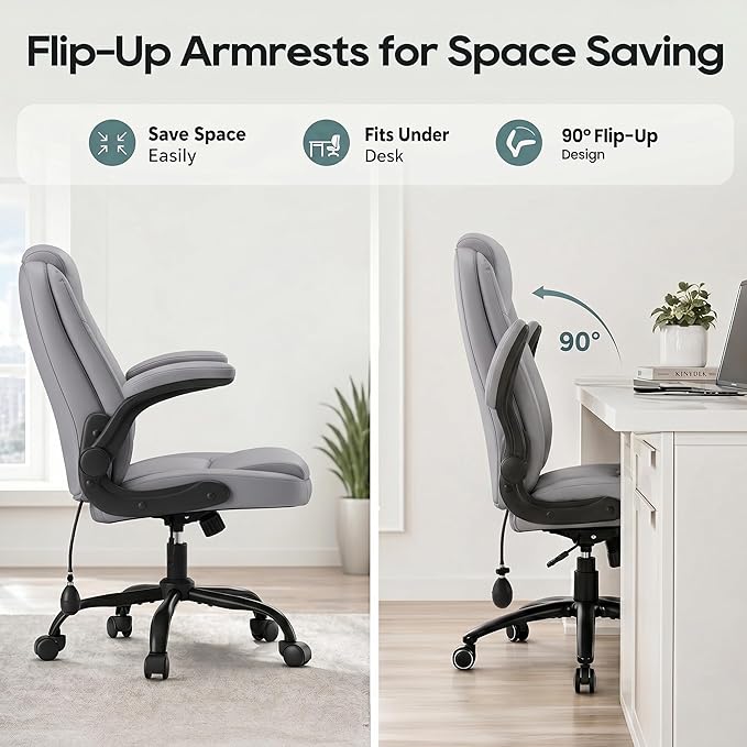 MALOL Leather Office Chair, Home Desk Chair with Adjustable Lumbar Support, Thick Cushion, Flip-Up Arms and Ergonomic Back, Comfy Executive Office Chair for Home Office, Grey
