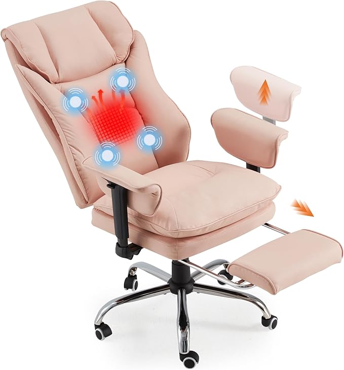 HOMREST 4-Point Massage Office Chair with Heat, 155° Reclining Executive Desk Chair with Adjustable Armrests, Ergonomic High Back Computer Chair for Home Office, Pink