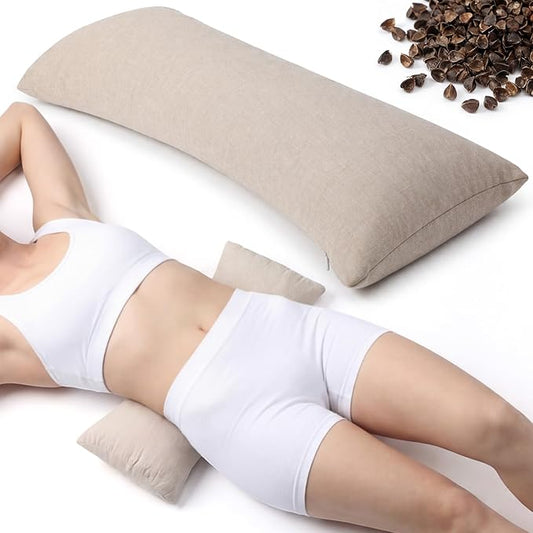 Weysat Buckwheat Lumbar Support Pillow for Bed Sleeping, Ergonomic Curved Neck Waist Pillow for Lower Back Pain Relief, Natural Sweet Buckwheat Hull Filling, Dual Cotton Zippered, 20.1” x 8.7” x 2”