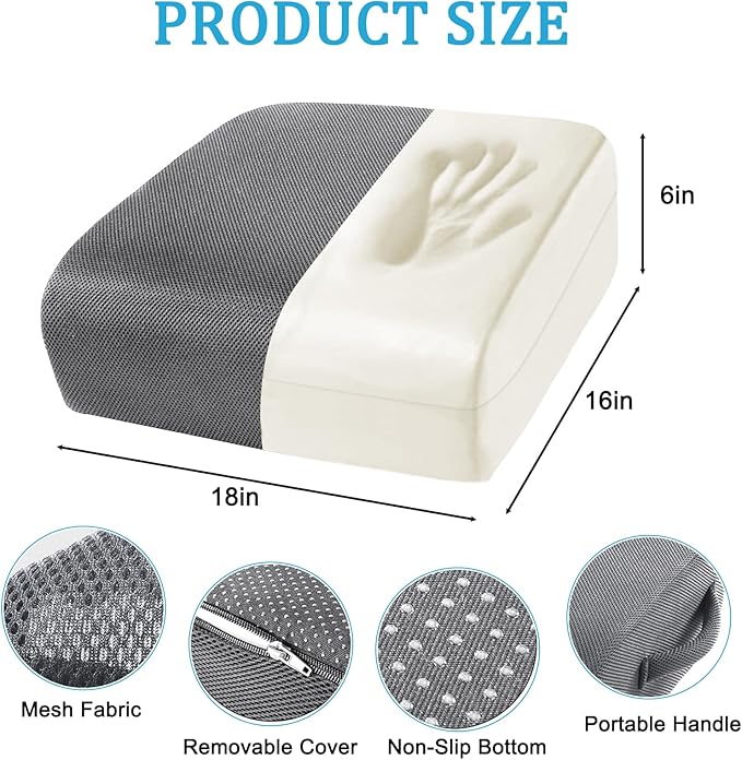 MINUPWELL 6" Extra Thick Office Chair Cushion, 2 Layers Memory Foam Adult Booster Seat Cushion, Thick Wheelchair Cushions, Thick Adult Booster seat Chair Cushion for Car Seat - 18x16x6in -（Grey）
