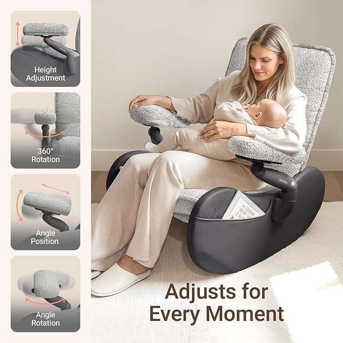 MAMAZING Lullabud Nursery Rocking Chair Glider with Adjustable Armrests for Breastfeeding, Upholstered Nursing Chair with Removable Cover for Mom and Baby(Black/Grey)