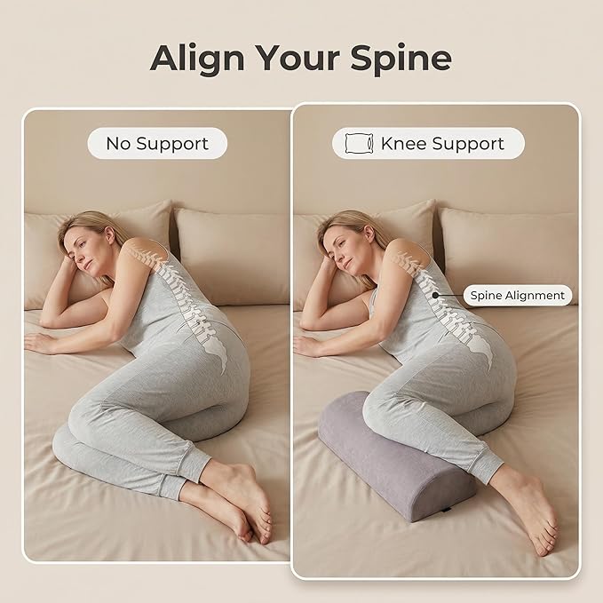 Under Knee Pillow, Half Moon Leg Pillow - Memory Foam Ergonomic Support Pillow for Side & Back Sleepers, Pain Relief & Alignment, Under Knee, Lumbar & Multi-Use Bolster Gray