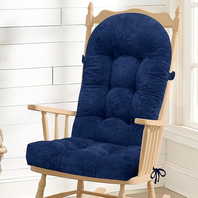 Rocking Chair Cushion - Chenille Fabric, High-Density Sponge, Durable Comfort Double-Sided Tufted Seat Pads with Ties, Chenille︱Cobalt Blue, 44x19x4 inch
