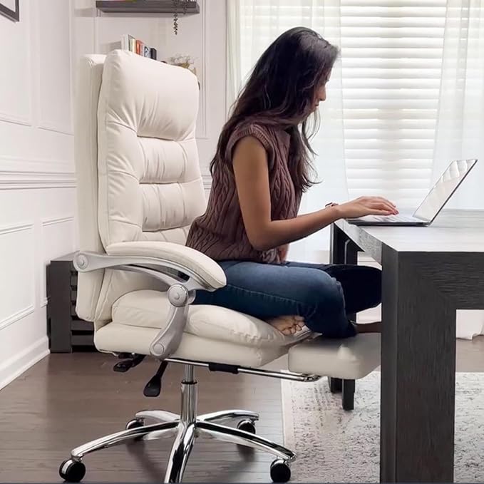 Office Chair with Foot Rest - High Back Executive Chair with Padded Linkage Armrests, Reclining Desk Chair with Wheels, Comfy Chair with Double Thick Cushion (Cream White)