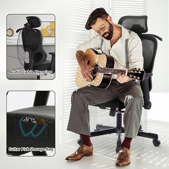 Ergonomic Office Chair Reclining Gaming Chair Adjustable Lumbar Support 6D Armrest Headrest Breathable Mesh Swivel Computer Chairs Home Task Desk Chair Wheels Coat Hanger Tilt Lock Cross Legged Chair