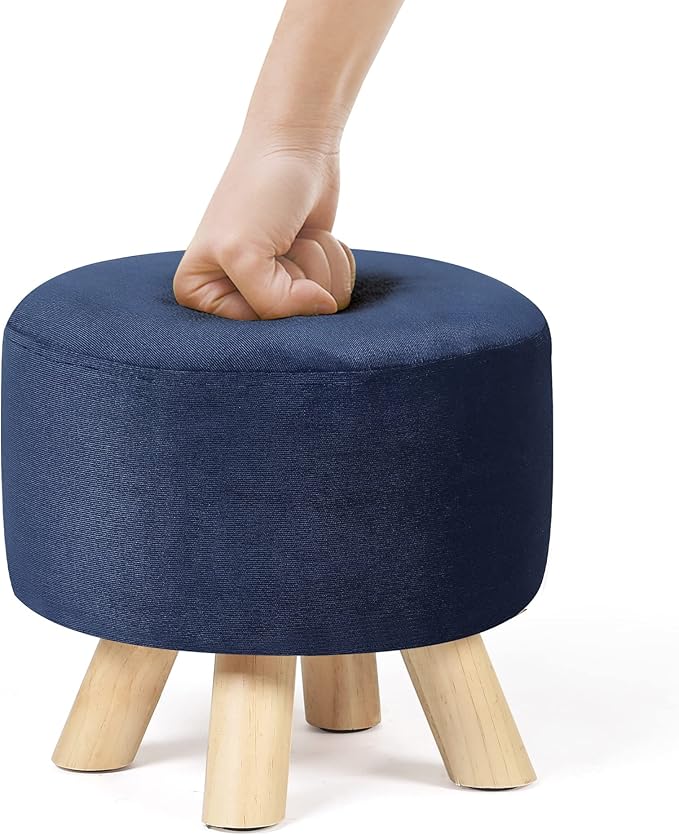 Homebeez Round Ottoman Stool Velvet Foot Rest, Small Footstool with Non-Skid Legs (Dark Blue)