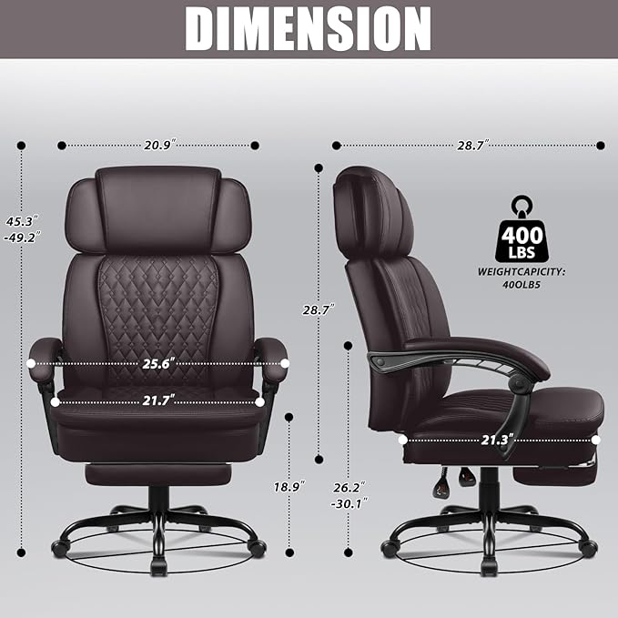 LEMBERI400lbs Executive Office Chair with Foot Rest, Ergonomic Heavy Duty Big and Tall Desk Chair with Adjustable Headrest, High Back PU Leather Comfy Reclining Computer Chairs
