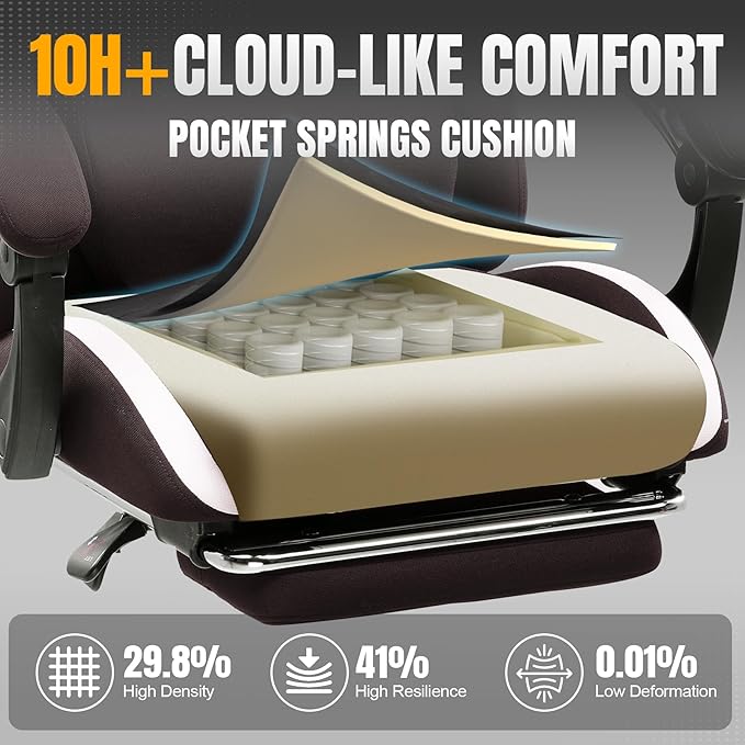 GTPLAYER Gaming Chair with Foot Rest & Pocket Spring Cushion, Ergonomic High Back Computer Desk Chair with Headrest & Lumbar Support for Back Pain Relief, Breathable Fabric, Brown