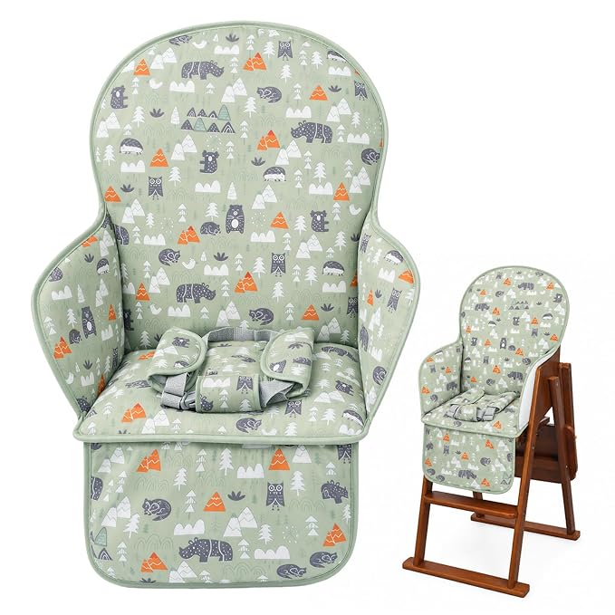 High Chair Pad, High Chair Cushion, High Chair Cover Pad, Safe and Comfort, Soft and Breathable, Cute Pattern, Baby Sits More Comfortable（Green Animal Pattern）