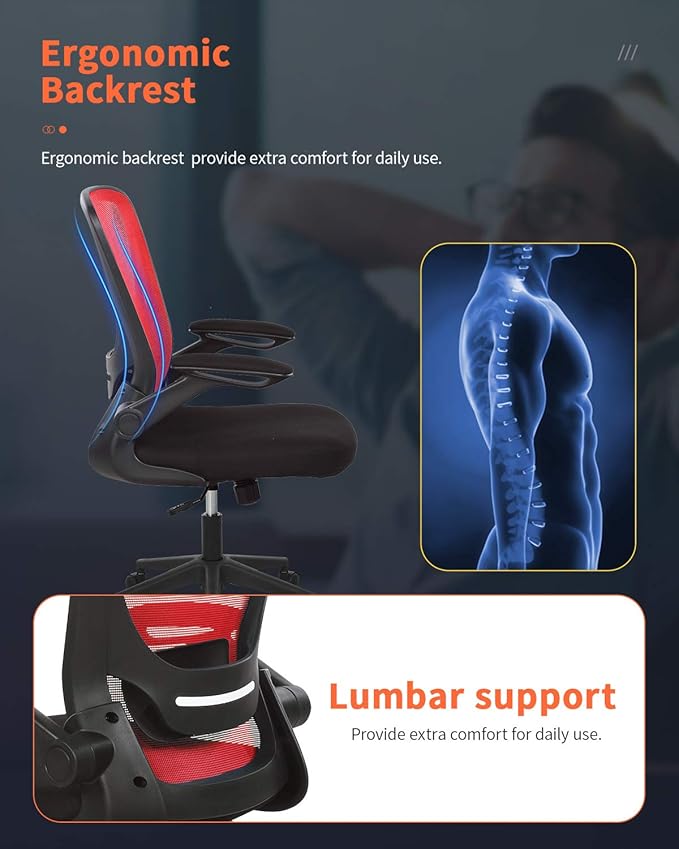 Home Office Chair Ergonomic Desk Chair Mesh Computer Chair with Lumbar Support Flip-up Arms Swivel Rolling Executive Task Chair Adjustable Chair for Adults(Red)