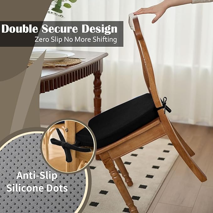 2'' Thick High-Density Foam Indoor Chair Cushions | Dining Chair Pads with Ties, Removable Washable Cover, Kitchen Chair Cushions 17"x16", Black 6 Pack