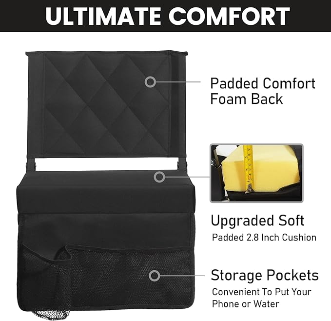 Sheenive Stadium Seats for Bleachers with Back Support 2 Pack, 13.5" Extra Deep, 2.8" Cushion, 380LB Each, Set of 2 Padded Folding Bleacher Chairs for Football Baseball Sports Events