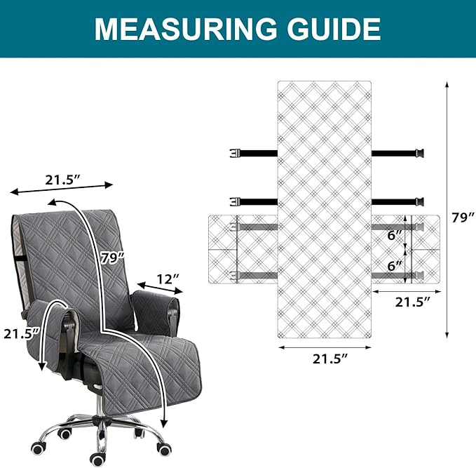 Turquoize Waterproof Office Chair Cover with Armrest Covers Gray Computer Desk Chair Cover Protector with Arms Soft Durable Office Chair Seat Slipcover with Anti-Slip Buckle for Home Office, Gray