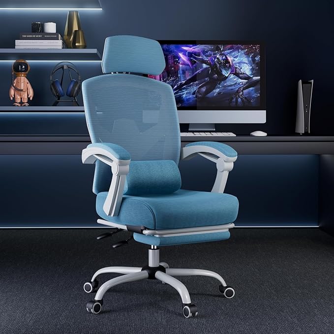 Simple Deluxe Home Office Desk Chair with Footrest, High-Back Mesh Rolling Swivel Reclining Chairs with Wheels, Comfortable Headrest, Lumbar Support, Comfy Arms